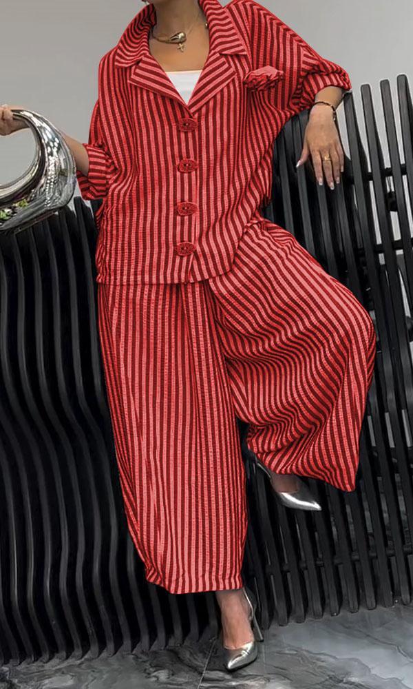 Wide Leg Pinstripe Loose Casual Sets Red