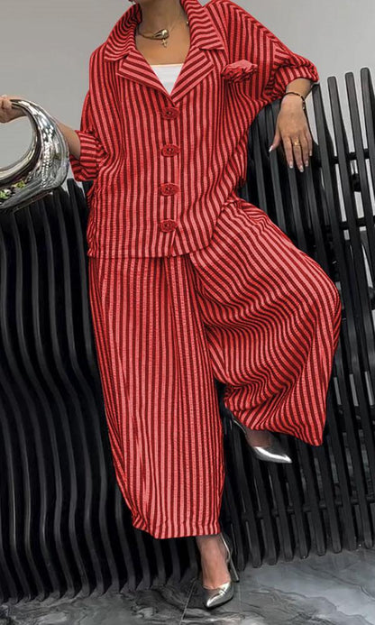 Wide Leg Pinstripe Loose Casual Sets Red