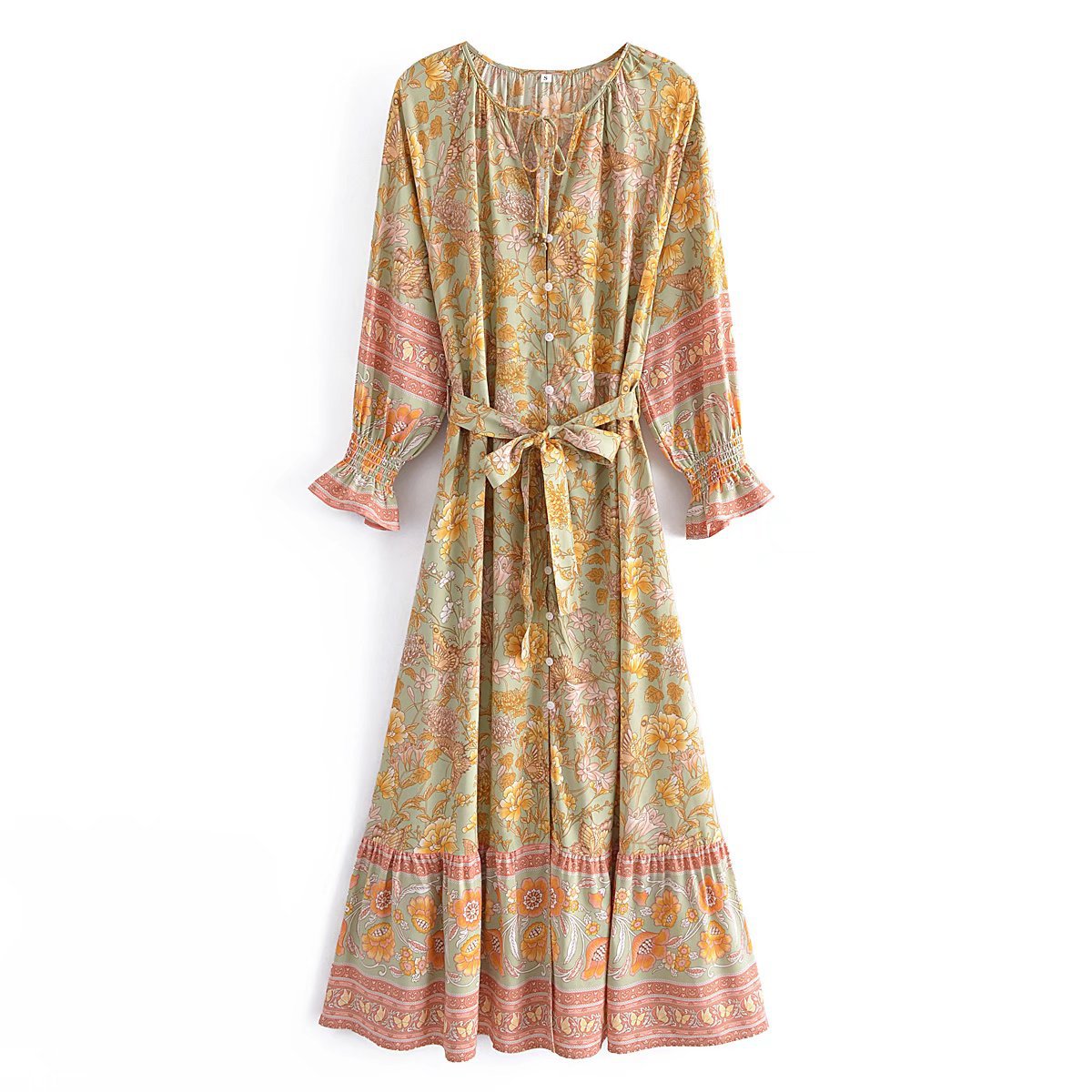 Spring Summer Rayon Positioning Floral Belt Tassel Maxi Dress Multi