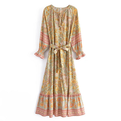 Spring Summer Rayon Positioning Floral Belt Tassel Maxi Dress Multi