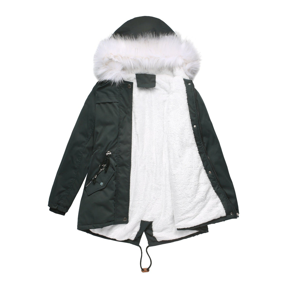 Mid-Length Fleece Lined Coat with Fur Collar blackish green