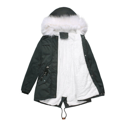 Mid-Length Fleece Lined Coat with Fur Collar blackish green
