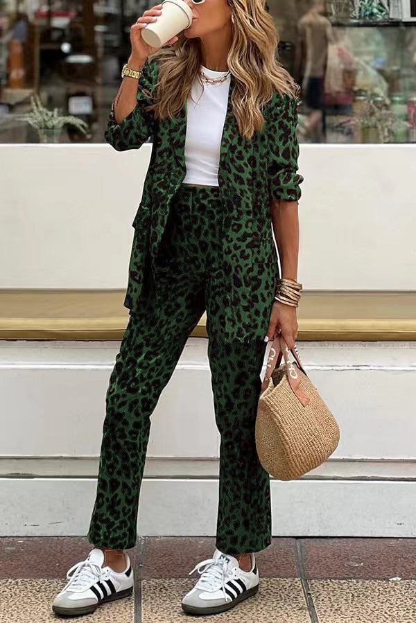Clidress Leopard Blazer 2 Pieces Suit Set