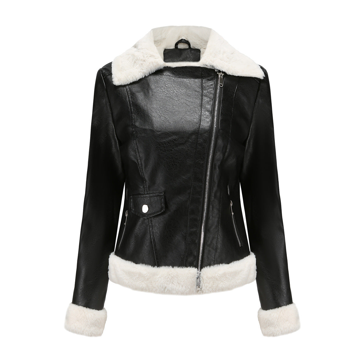 Fleece Trims Leather Jacket Black