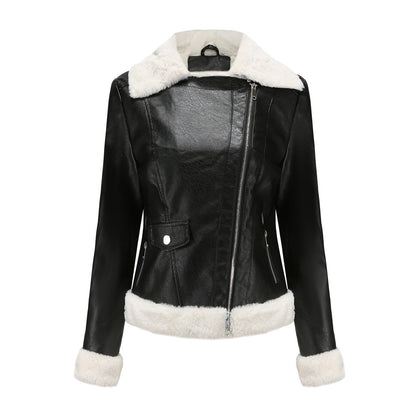 Fleece Trims Leather Jacket Black