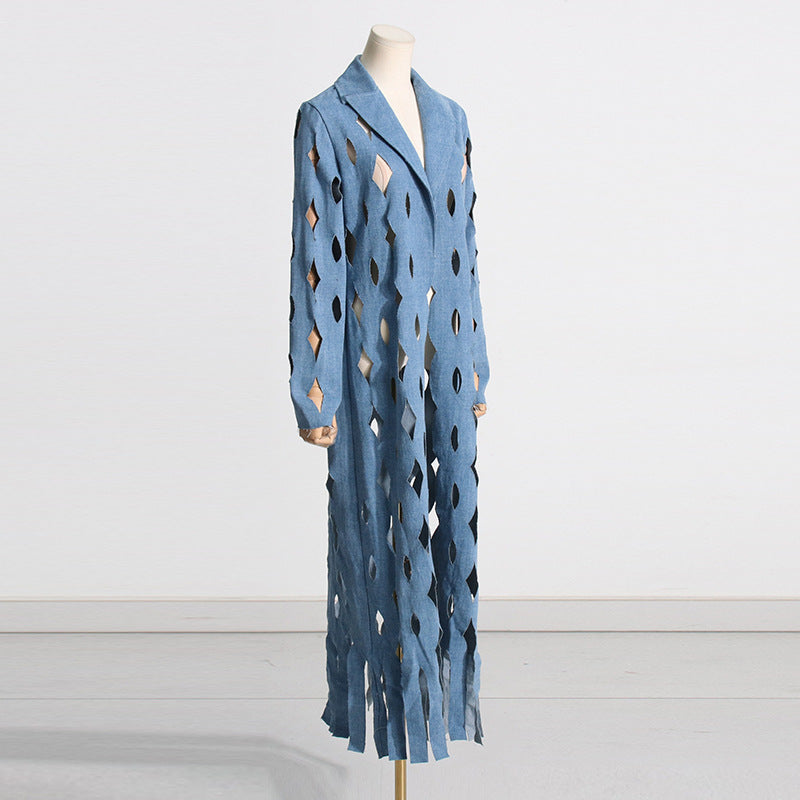 Denim Ripped Tassel Long Coat