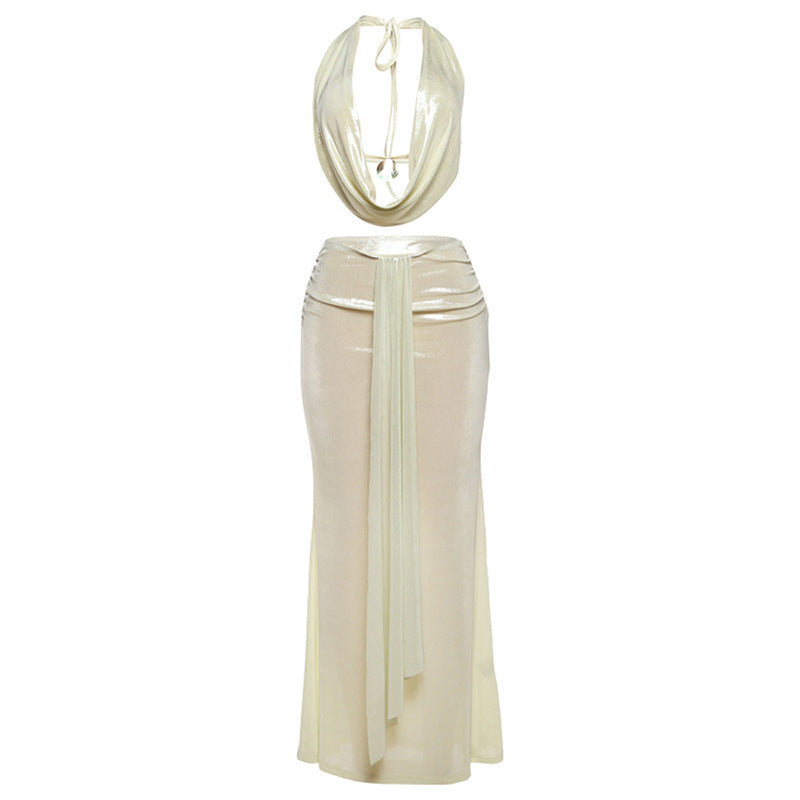 Spring Summer Women Sexy Backless Halter Top Slim Sheath Skirt Two Piece Sets Apricot