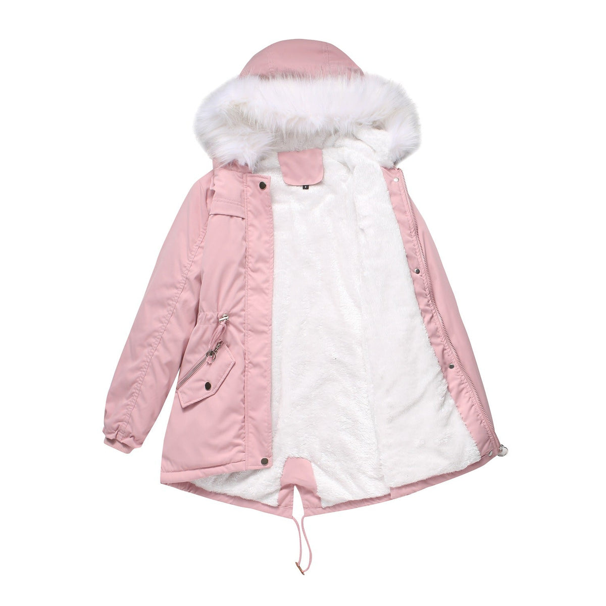 Mid-Length Fleece Lined Coat with Fur Collar Pink