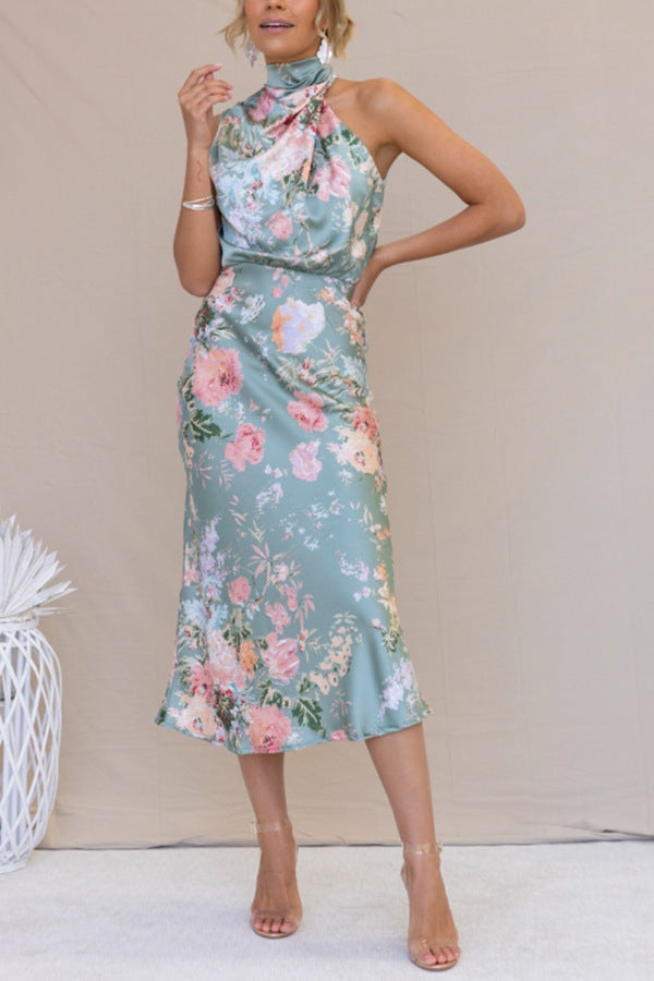 Sleeveless Halter Printed Satin Dress Cyan Printing