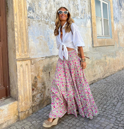 Big Hem Skirt Summer Beach Vacation Casual Printed Skirt Pink