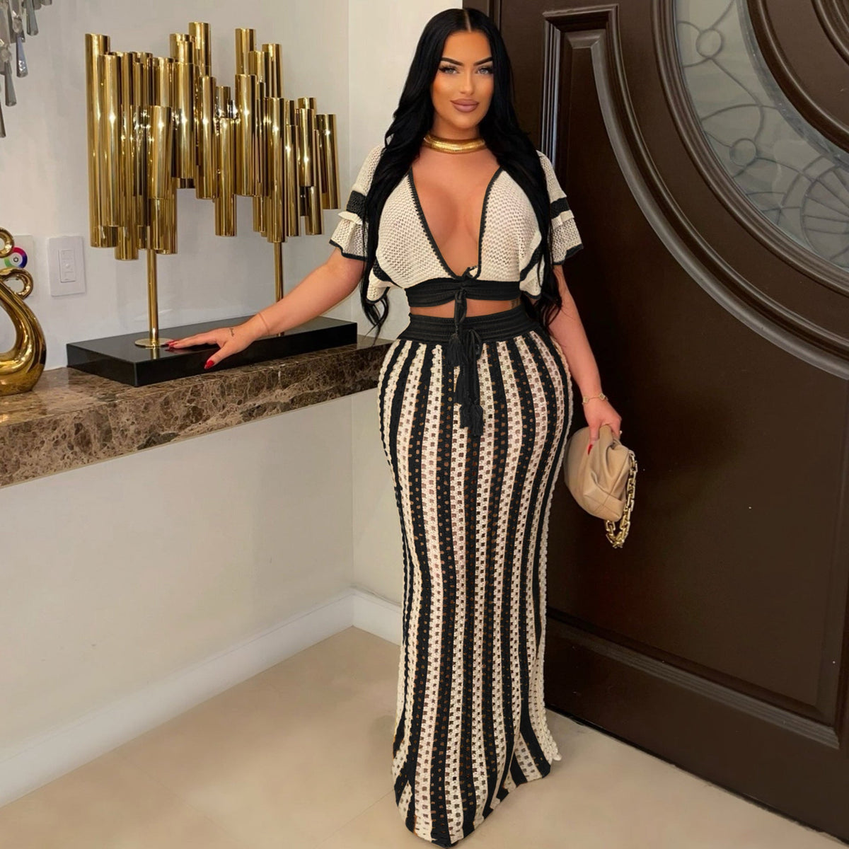 Cutout Striped Knitted Women Skirt Set