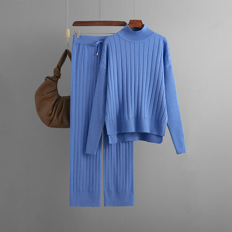 Mock Neck Sweater Set Solid One Size Blue