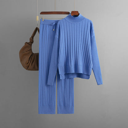 Mock Neck Sweater Set Solid One Size Blue