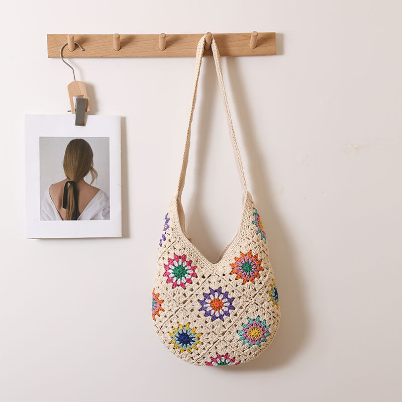 Ethnic Colorful Floral Cotton Thread Woven Bag One Size Cotton Thread round Color Grandma Plaid