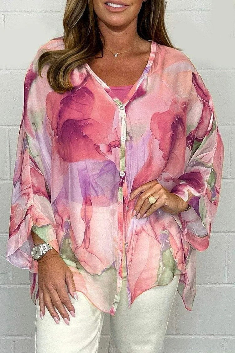 Summer Floral Printed Chiffon Shirt Pink