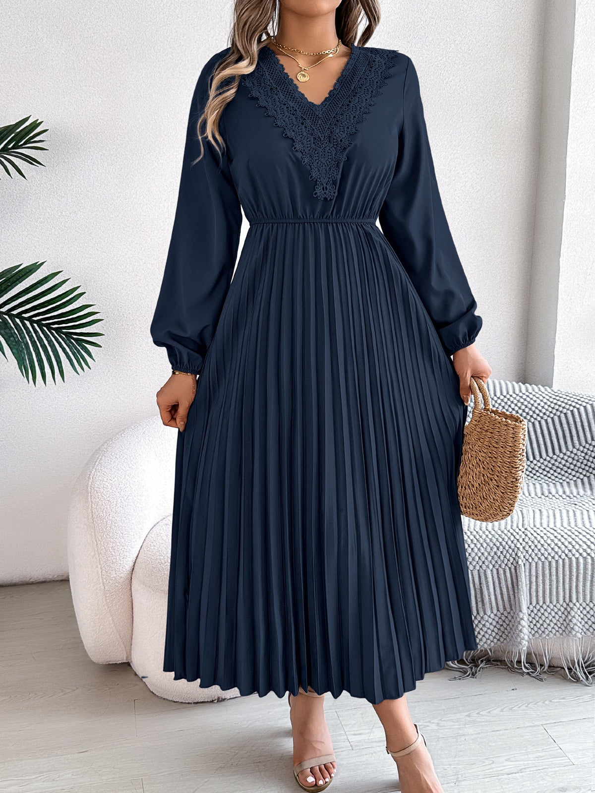Elegant V neck Lace Pleated Versatile Dress Navy Blue