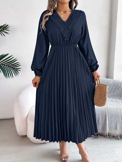 Elegant V neck Lace Pleated Versatile Dress Navy Blue