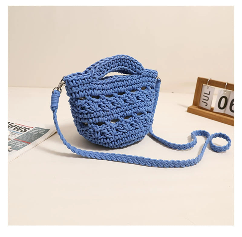 Crossbody Rope Cotton Thread Woven Bag Crochet One Size Colorful Crossbody Cotton Thread Blue without Lining
