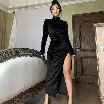 High Neck Pleated Split Party Dress Black