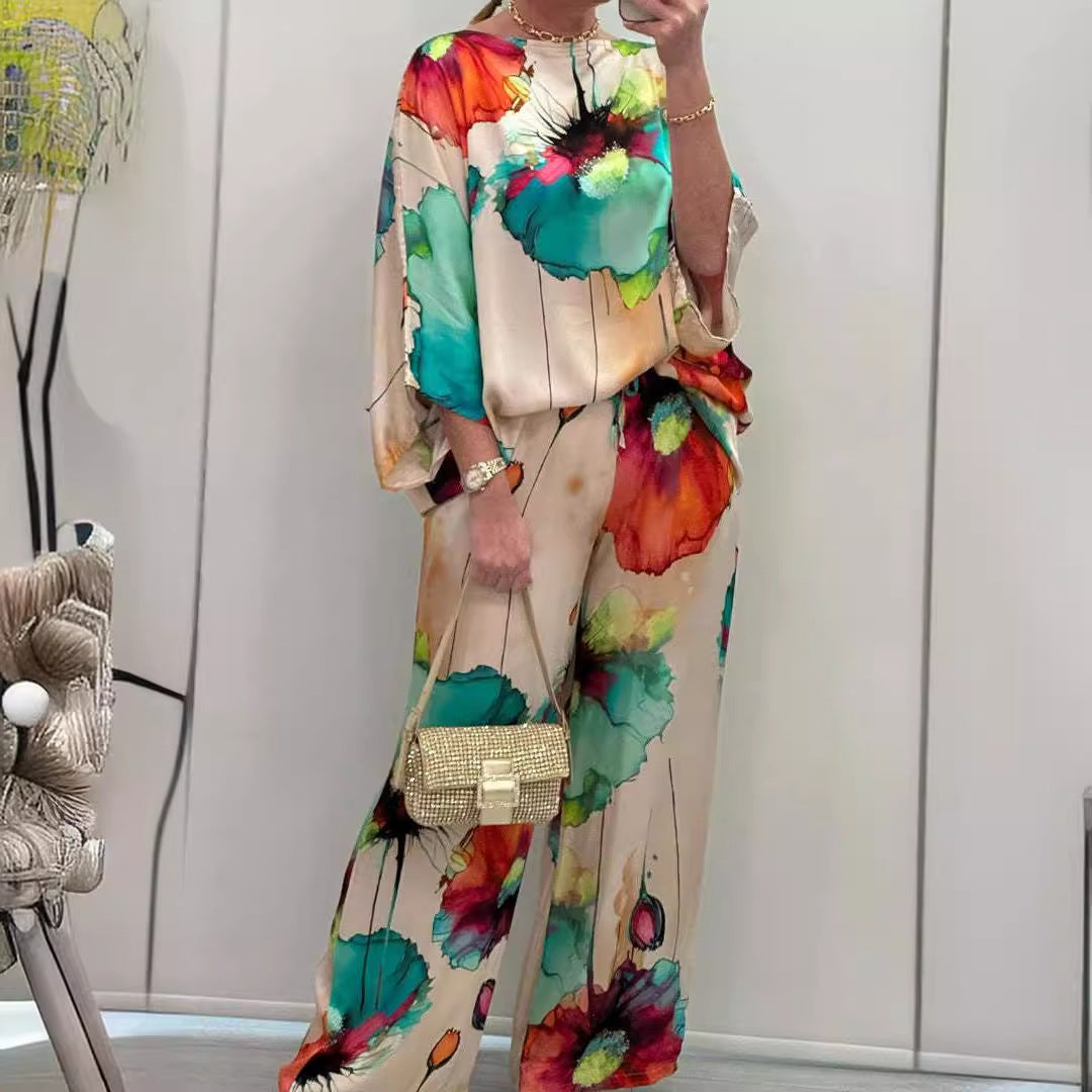 Unique Elegant Satin Loose Fit Printed Batwing Sleeve Set Green