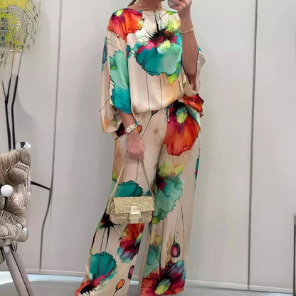 Unique Elegant Satin Loose Fit Printed Batwing Sleeve Set Green