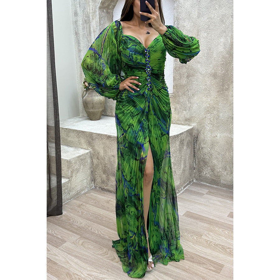 Printed Pleated Long Sleeve Formal Occasion Dress