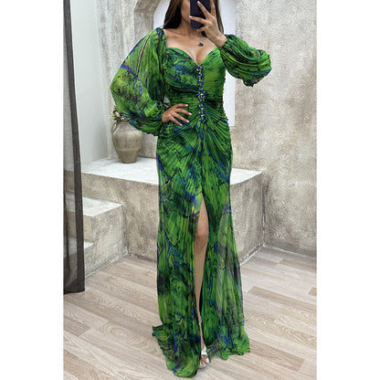 Printed Pleated Long Sleeve Formal Occasion Dress Green