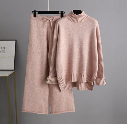 High Collar Solid Knit Set One Size Pink