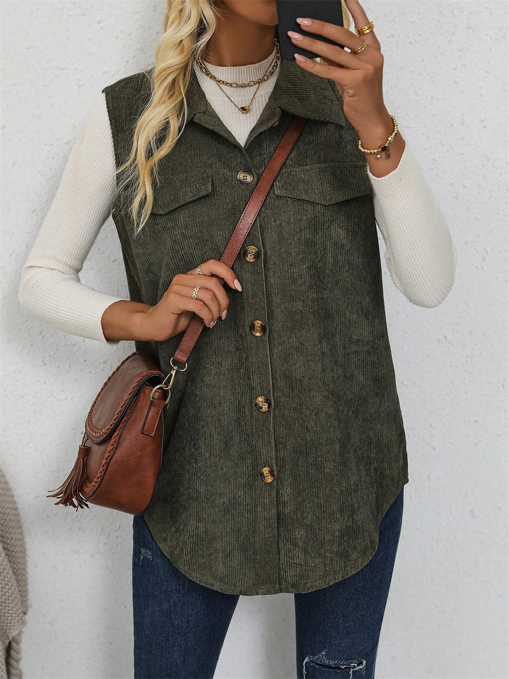 Corduroy Collared Vest Shacket Green