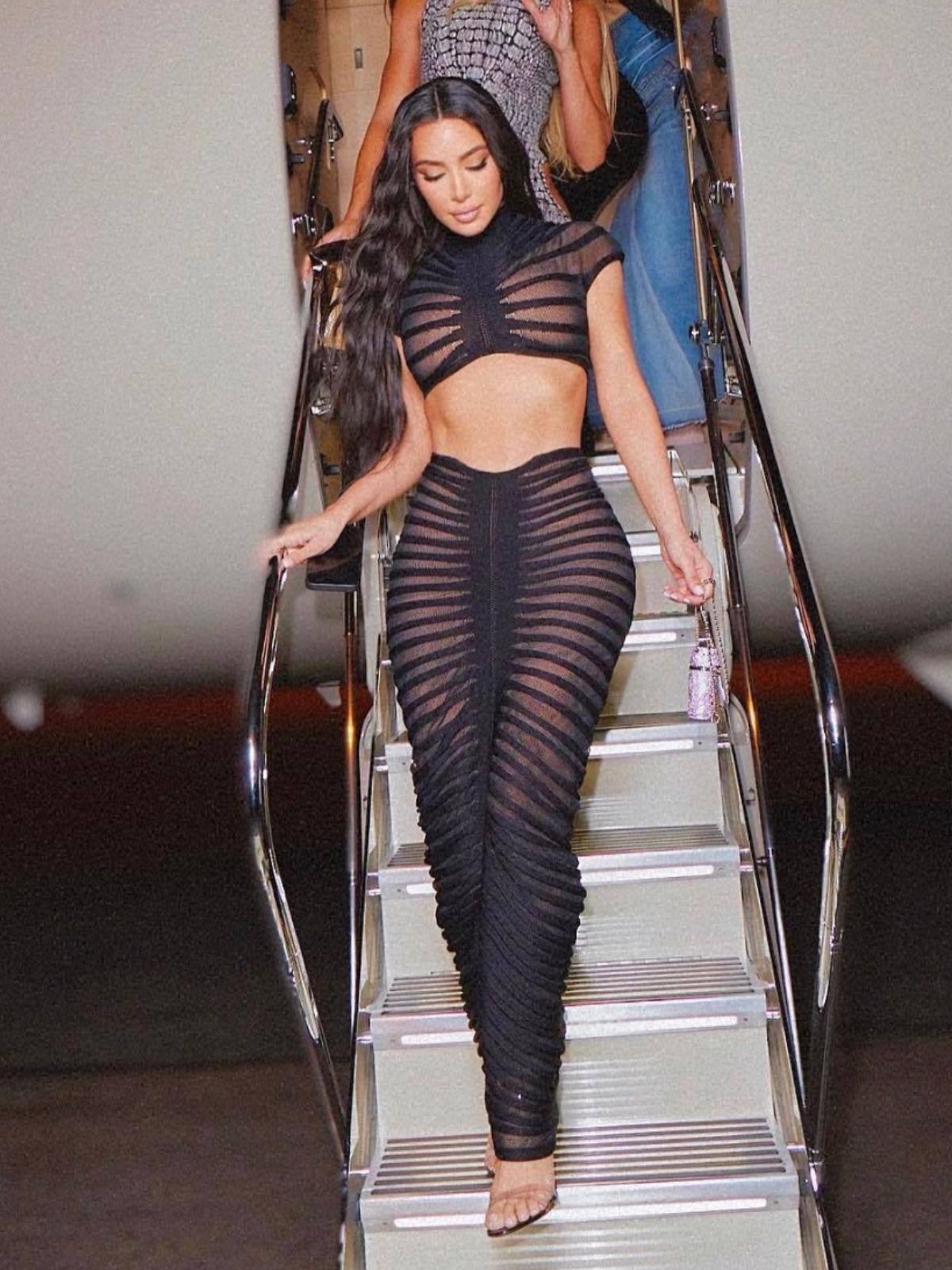 Women Clothing Sexy Knitted See Through Nightclub Suit Low Waist Hip Skirt Set Black