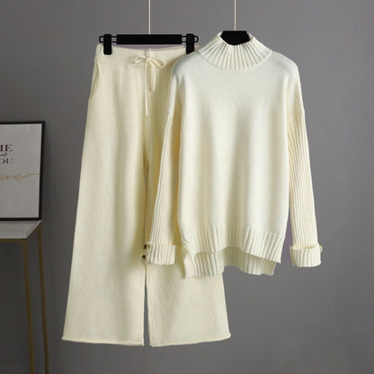 High Collar Solid Knit Set One Size Apricot
