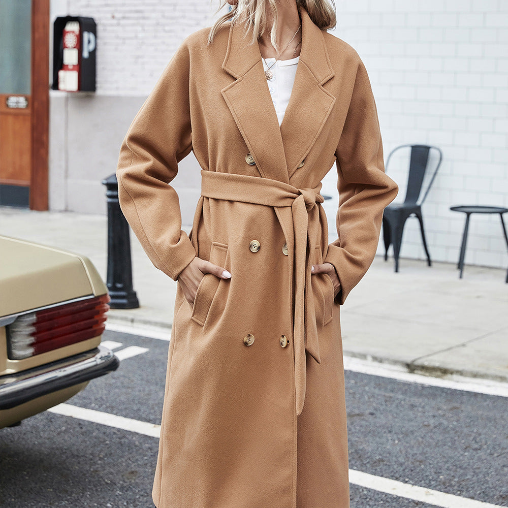 Woolen Lace-up Double Breasted Coat Outerwear S Camel