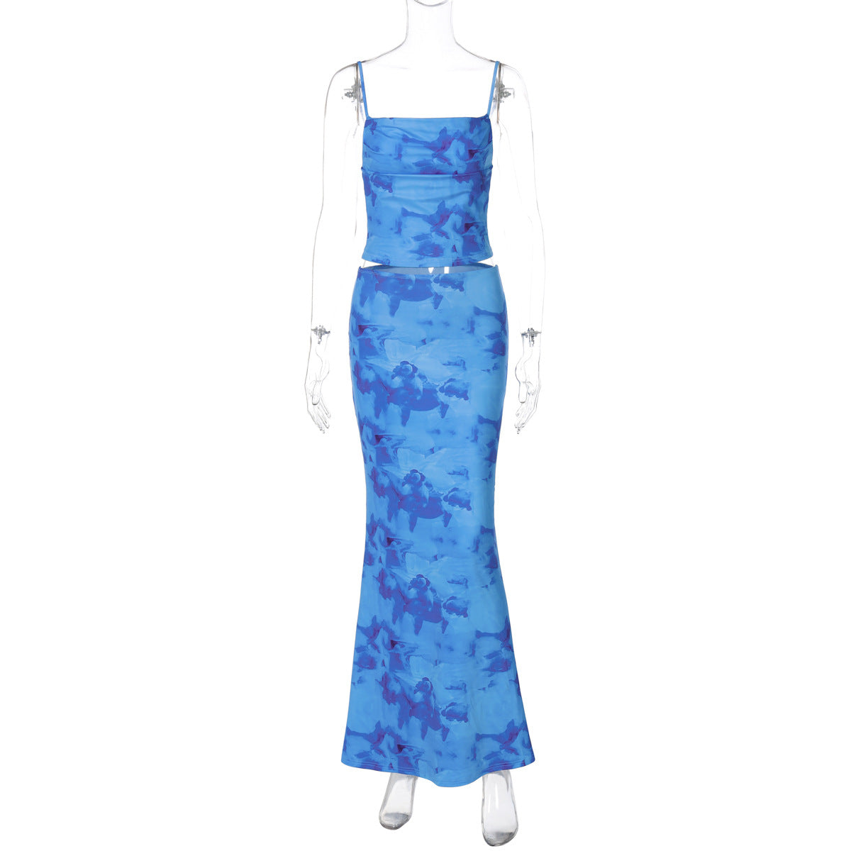 Women Clothing Spring Sexy Print Bandeau Sling Top Sexy Skirt Set Blue
