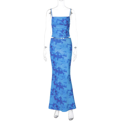 Women Clothing Spring Sexy Print Bandeau Sling Top Sexy Skirt Set Blue