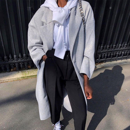 Solid Color Long Sleeve Casual Trench Coat Gray
