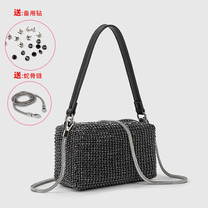 Pearl Studded Women Bag Mini Shoulder Bag One Size Black Standard Model with Snake Bones Chain Spare Diamond