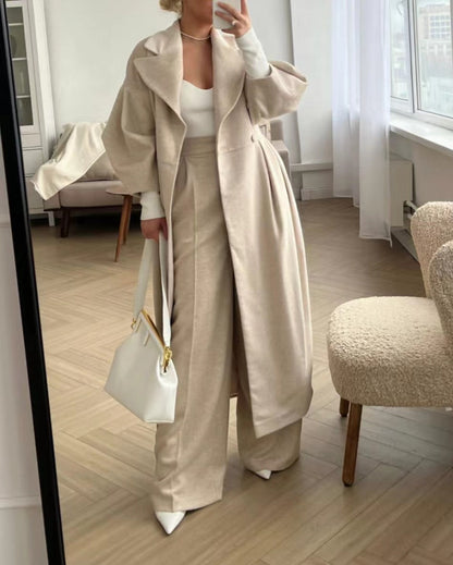 Clidress Vintage Lantern Sleeve Lapel Woolen Coat