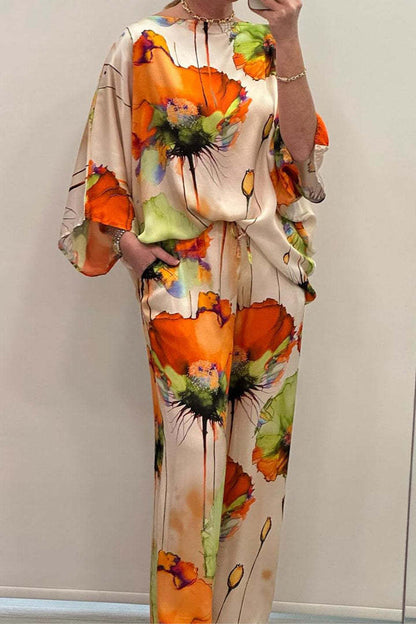 Unique Elegant Satin Loose Fit Printed Batwing Sleeve Set Orange