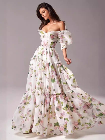 Off Shoulder Floral Printed Maxi Dress Pink
