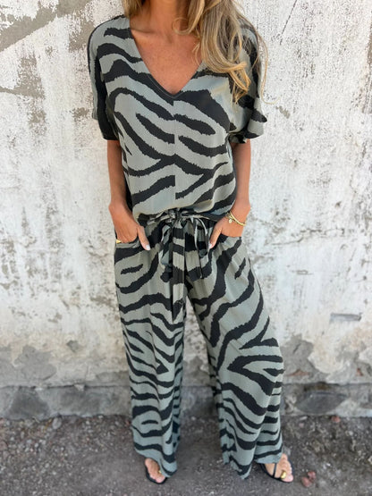 Zebra Pattern V neck Lace up Top Wide Leg Pants Two Piece Olive Green