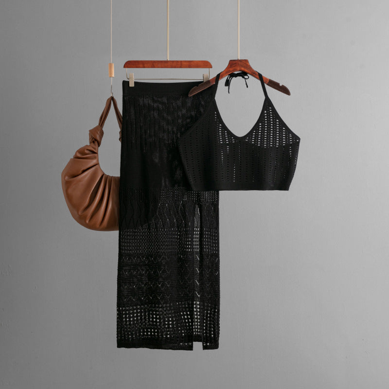 Women Clothes Short Summer Vest Top Two Piece High Waist Slimming Hollow Out Cutout Split Hip Skirt One Size Black