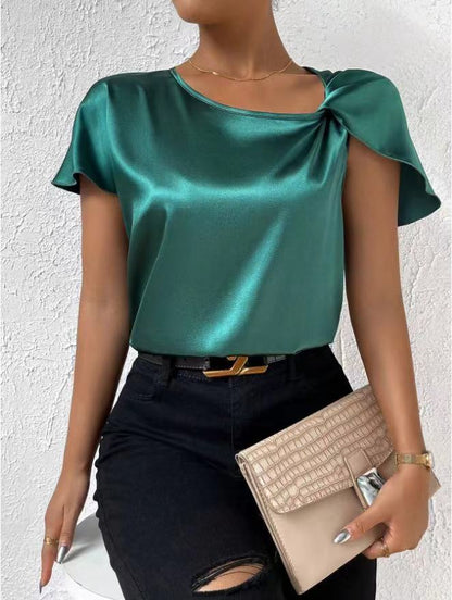 Short Sleeve Satin Twisted Solid Color Loose Fitting Top Women Green