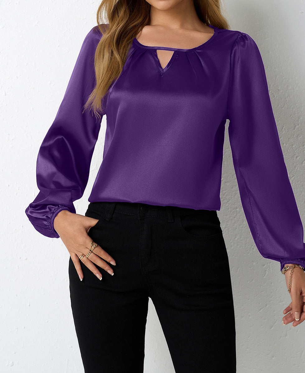 Satin Casual Pleated Long Sleeve Satin Top Purple
