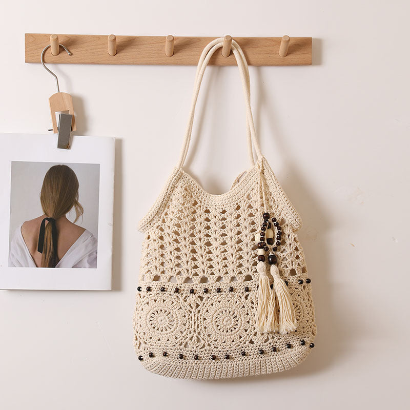 Crochet Maori Beaded Tassel Shoulder Bag Cotton Natural One Size Cotton Thread Sanyuan M