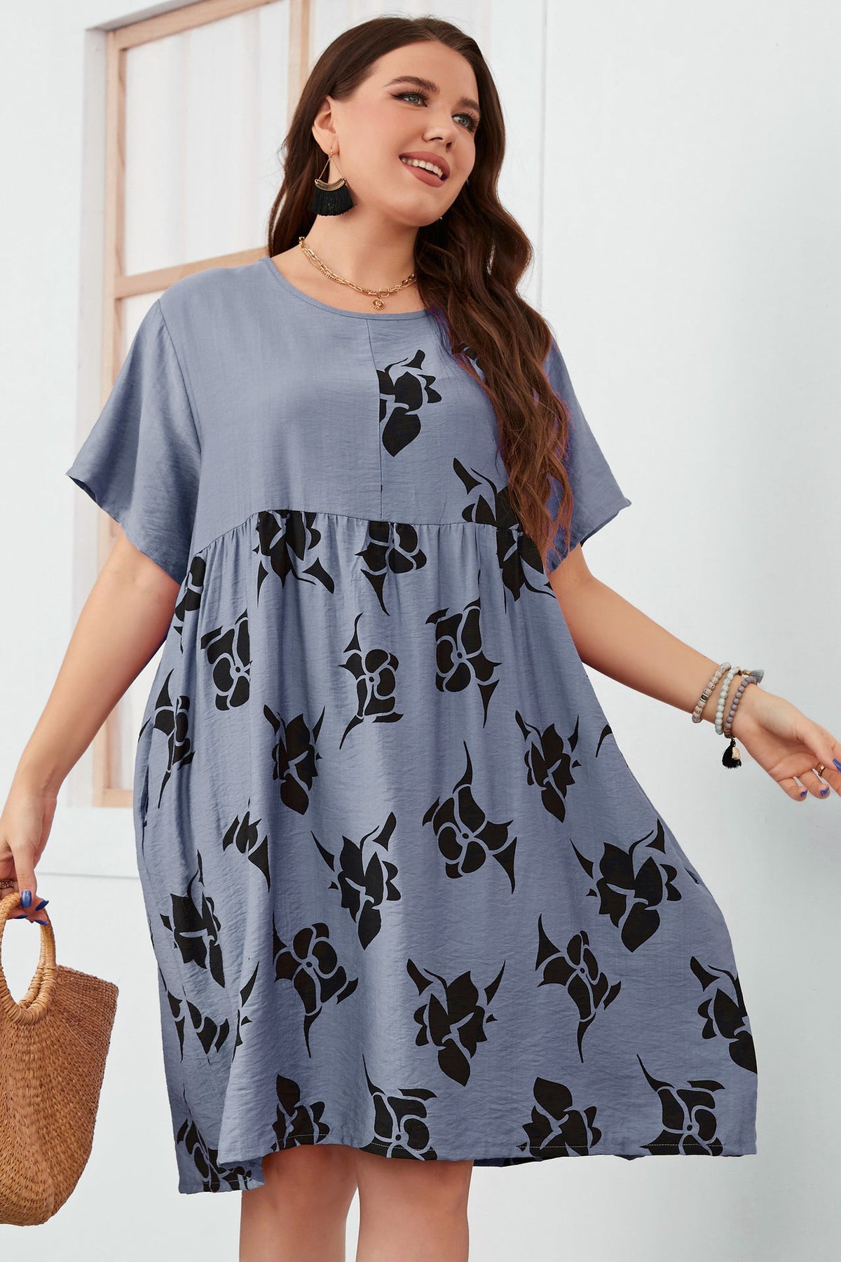 Plus Size Midi Casual Dress Blue