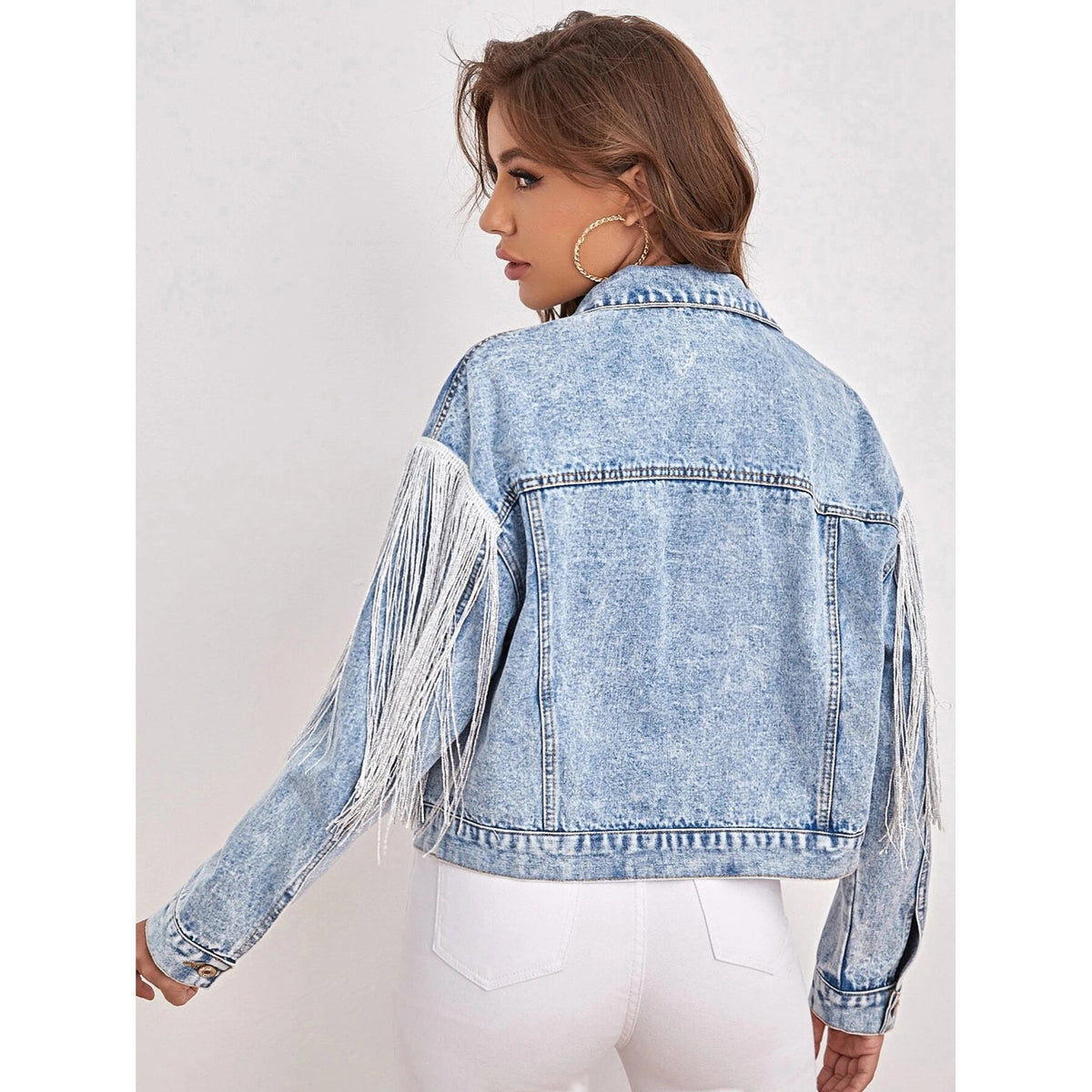 Tassel Collared Light Blue Denim Jacket