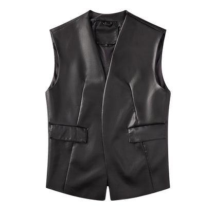 Sleeveless Faux Leather Cardigan Vest Black