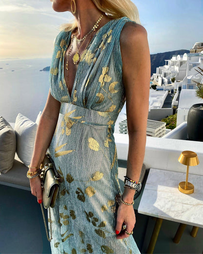 Sexy Plunge V Neck Resort Dress Blue