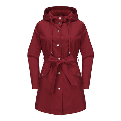 Hooded Waterproof Loose Trench Coat Burgundy