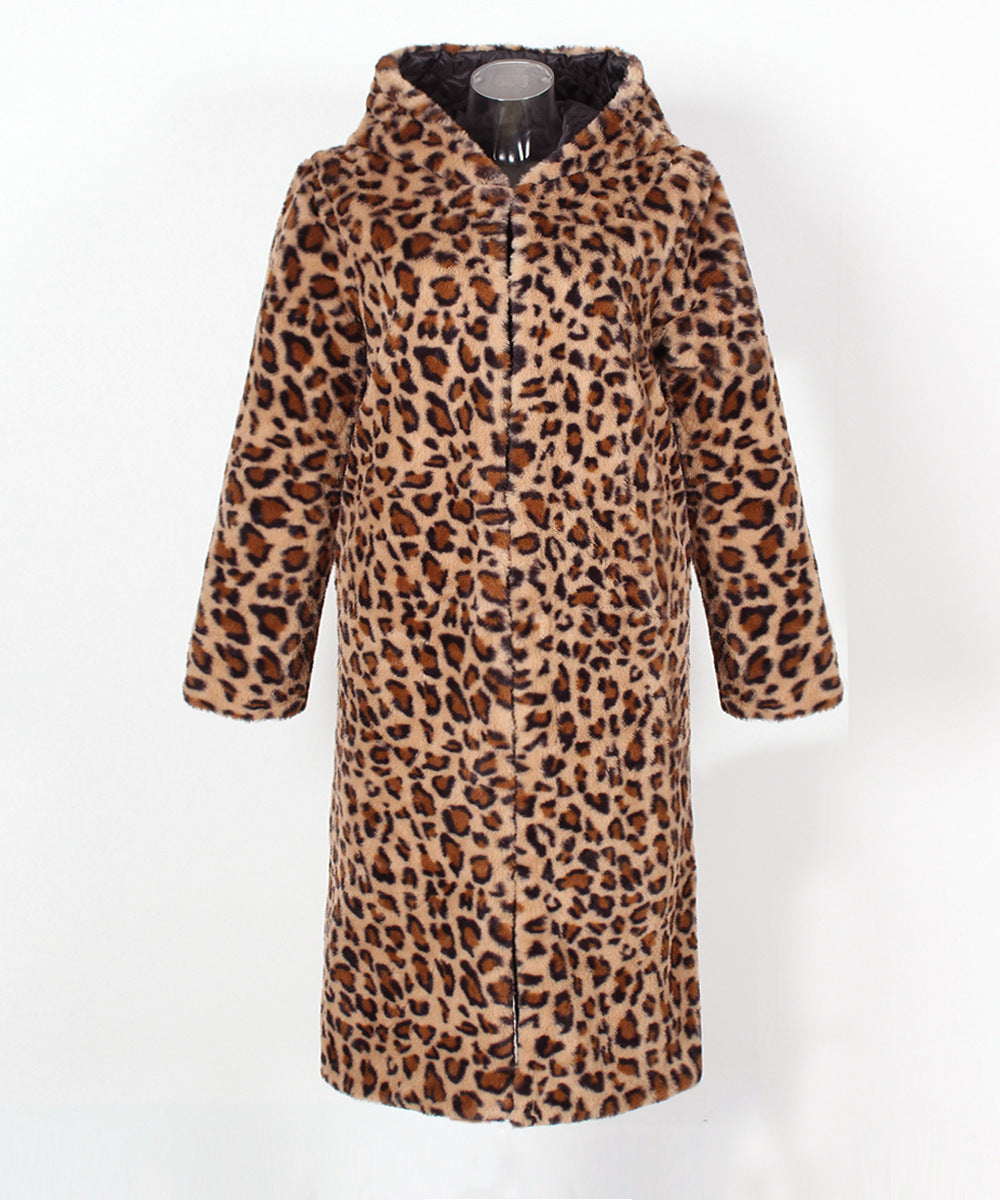 Leopard Print Faux Fur Hooded Coat Leopard